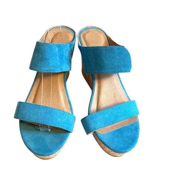 LANE BRYANT Sz 11WTurquoise Suede Sandal Wedge Shoe Hawthorn Cork Double Straps - Picture 2 of 10